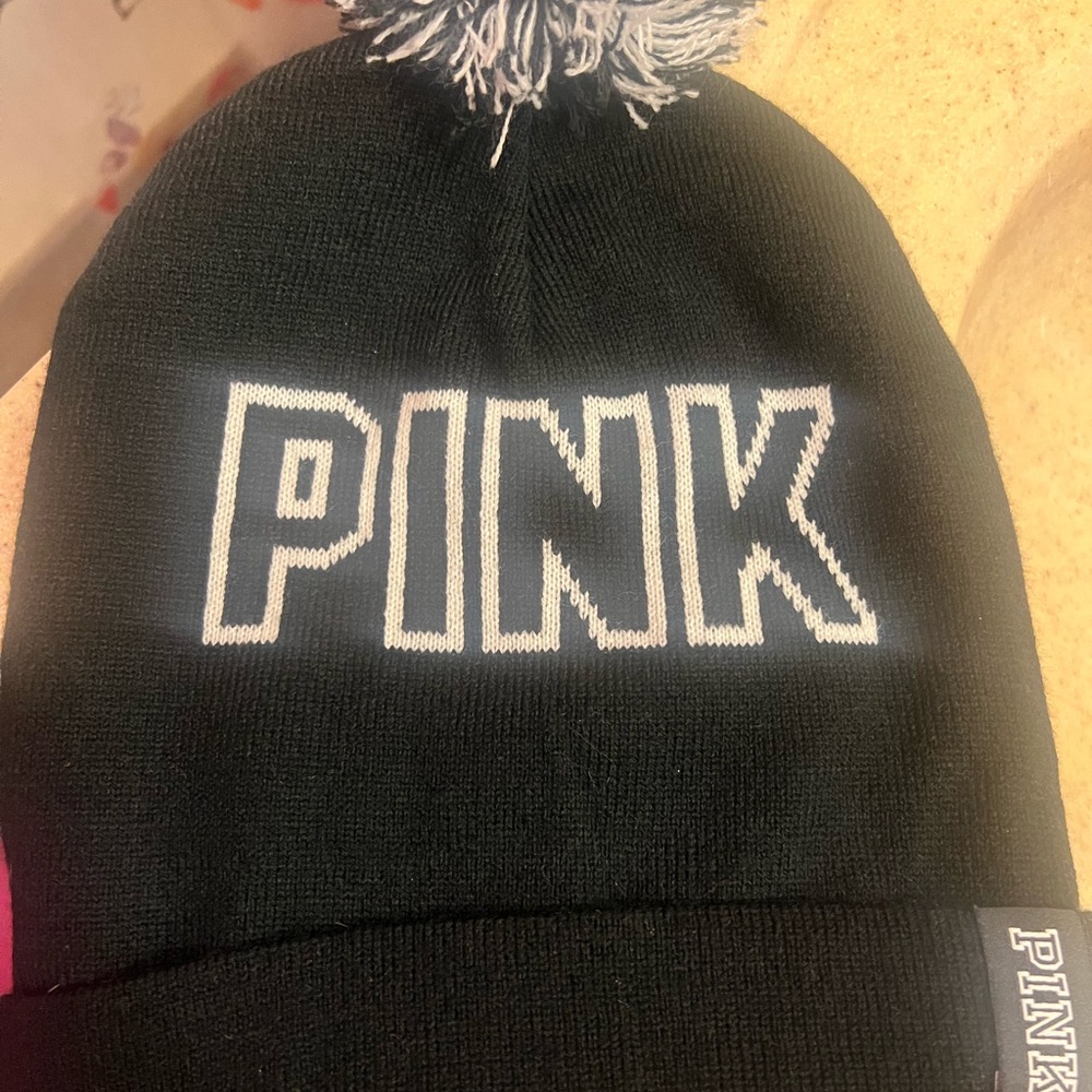 PINK Victoria's Secret Black Beanie with Pom